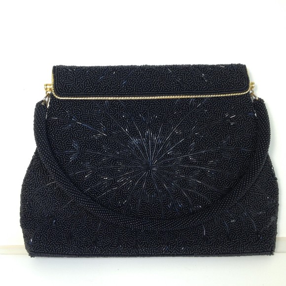 Vintage Black Beautifully Beaded Evening Handbag Gold Trim - Picture 10 of 12